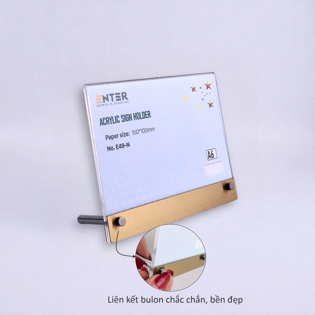 Kệ mica 1 mặt Enter E48-N 210x150mm liên kết bulon A5 ngang, Kệ menu nhà hàng, Standee mica để bàn, Bảng quét mã QR Code