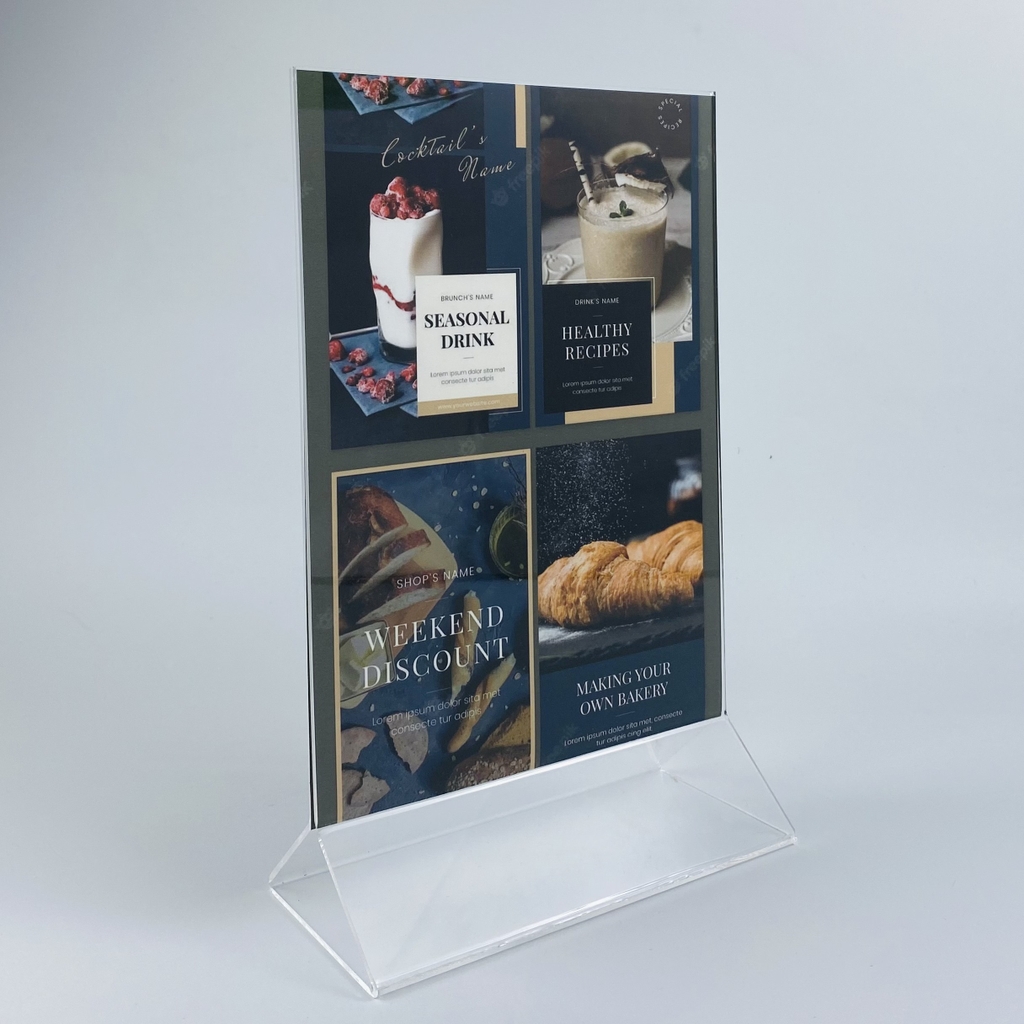 Kệ mica 2 mặt Enter E04 100x210mm chân tam giác, Kệ menu nhà hàng, Standee mica để bàn, Bảng quét mã QR Code (20)