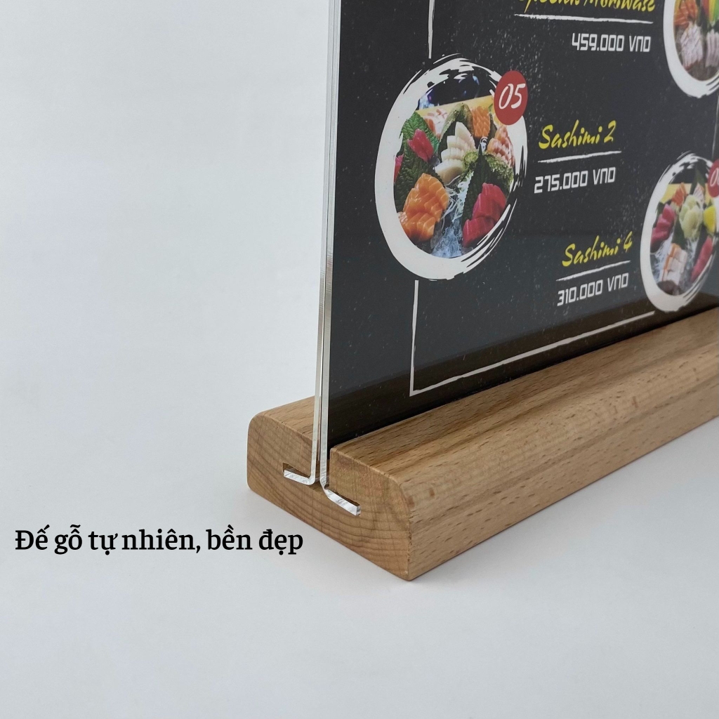 Kệ mica 2 mặt Enter E41 210x300mm đế gỗ A4 đứng, Kệ menu nhà hàng, Standee mica để bàn, Bảng quét mã QR Code (10)