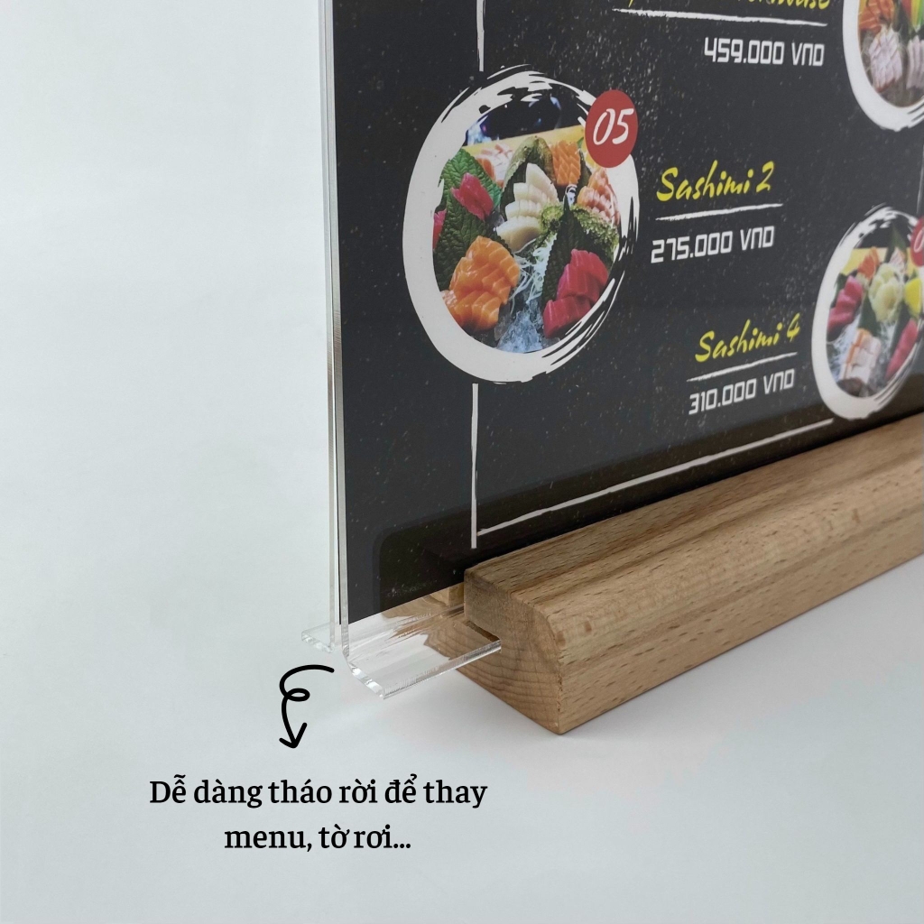 Kệ mica 2 mặt Enter E42 150x210mm đế gỗ A5 đứng, Kệ menu nhà hàng, Standee mica để bàn, Bảng quét mã QR Code (20)