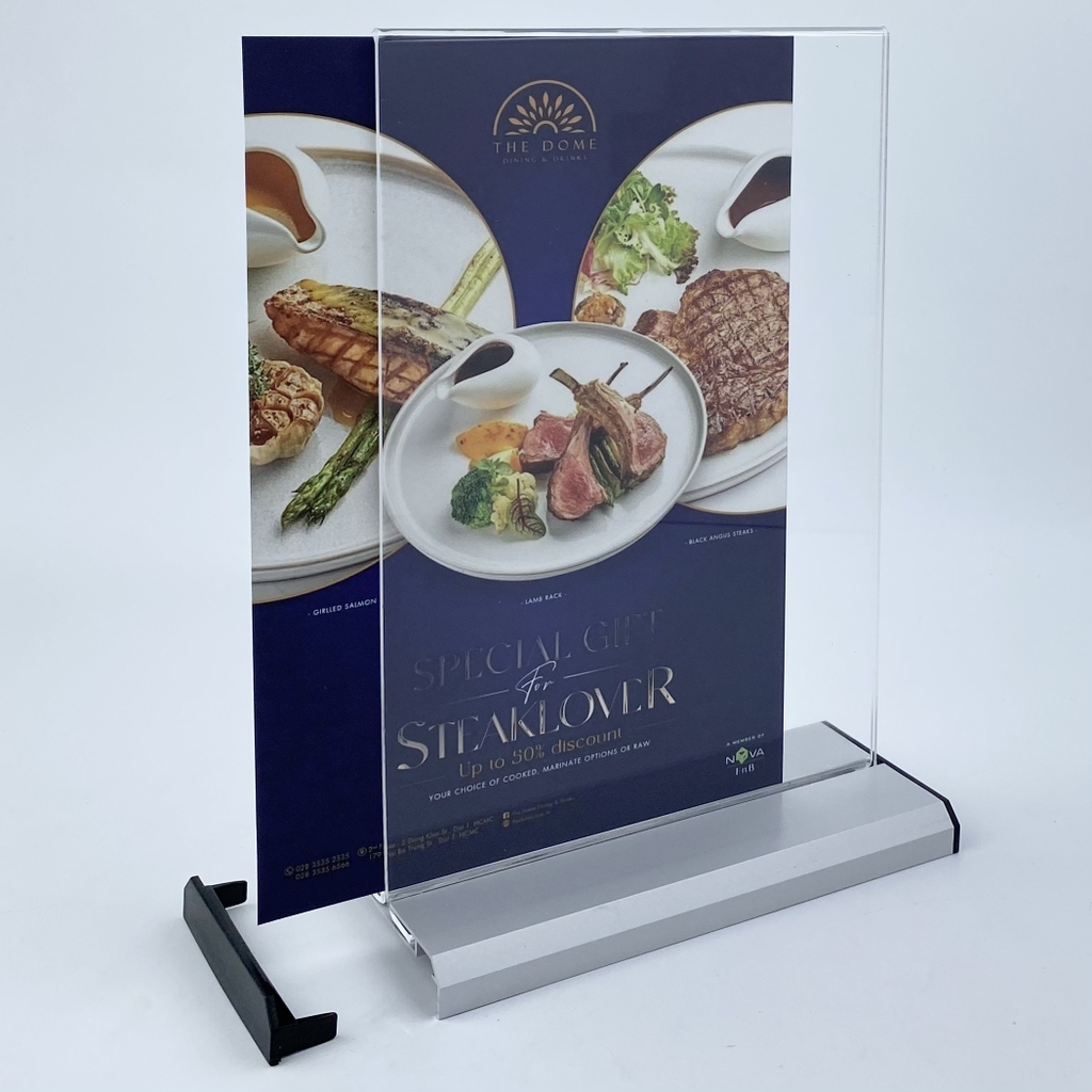 Kệ mica 2 mặt Enter E32 100x210mm đế nhôm 1/3 A4, Kệ menu nhà hàng, Standee mica để bàn, Bảng quét mã QR Code (20)