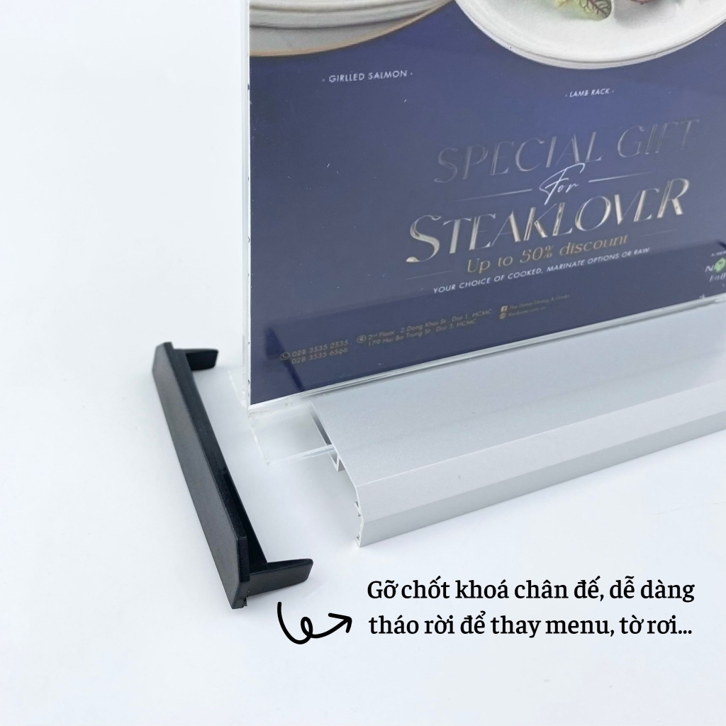 Kệ mica 2 mặt Enter E30 150x210mm đế nhôm A5 đứng, Kệ menu nhà hàng, Standee mica để bàn, Bảng quét mã QR Code (20)