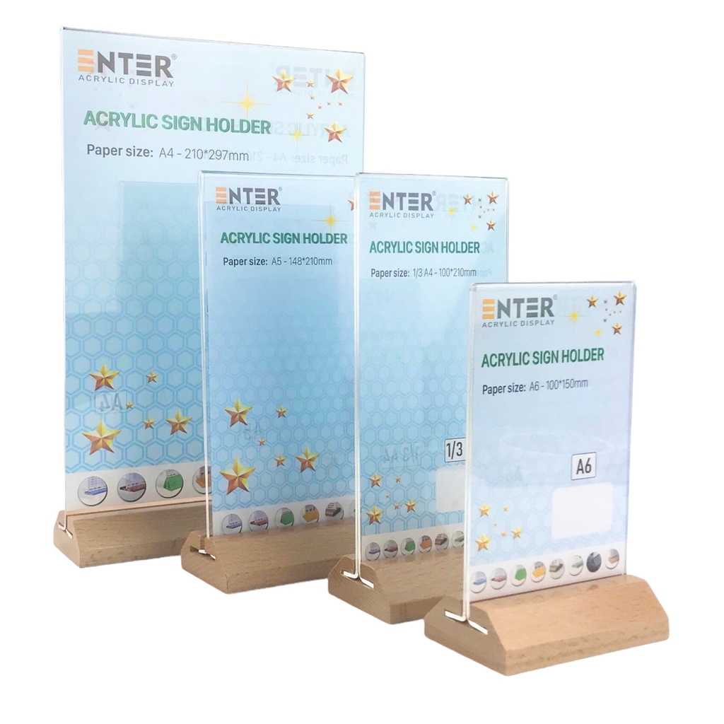 Kệ mica 2 mặt Enter E43-A 100x210mm đế gỗ 1/3A4 đứng vát chữ A, Kệ menu nhà hàng, Standee mica để bàn, Bảng quét mã QR Code (20)
