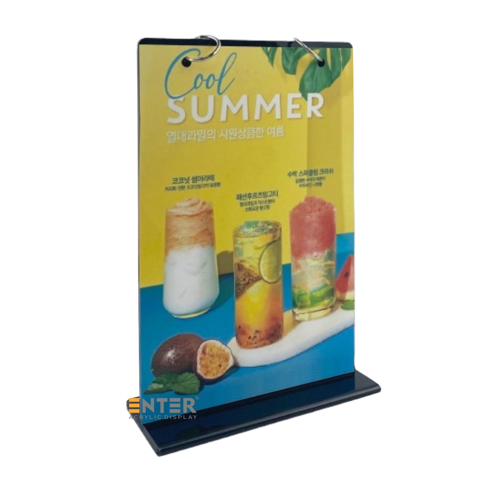 Kệ mica để bàn có khoen bật treo Enter E45 150x210mm A5, Kệ menu nhà hàng khoen lật quảng cáo, Standee mica để bàn, Bảng quét mã QR Code