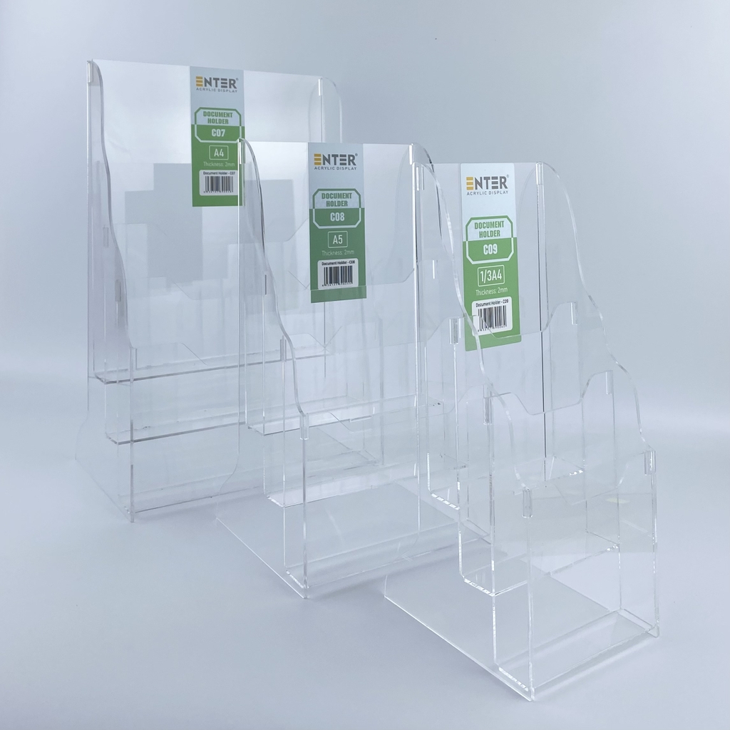 Kệ mica nhiều giấy 3 ngăn Enter C09 100x210mm 1/3A4 đứng 2mm, Khay đựng giấy, Hộc đựng tờ rơi