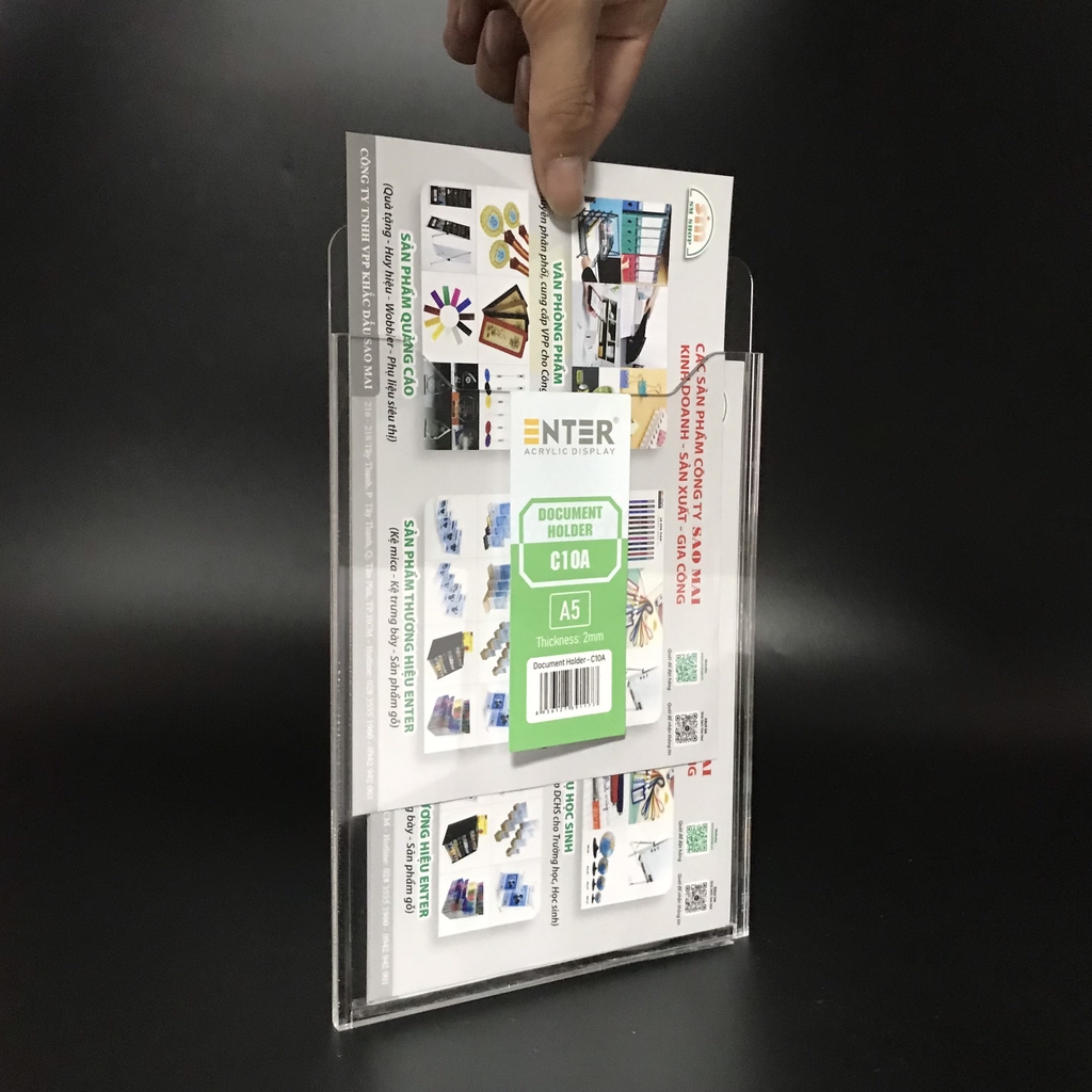 Kệ mica nhiều giấy treo tường Enter C10A 15x21cm A5 đứng, hông 3mm, có hậu mica (20)