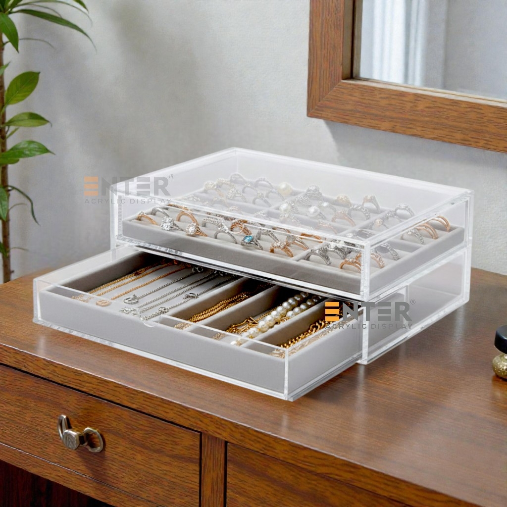 Kệ trưng bày mica Enter TB702 175x130x95mm 2 ngăn cửa kéo, hộc kéo, hộp trang sức