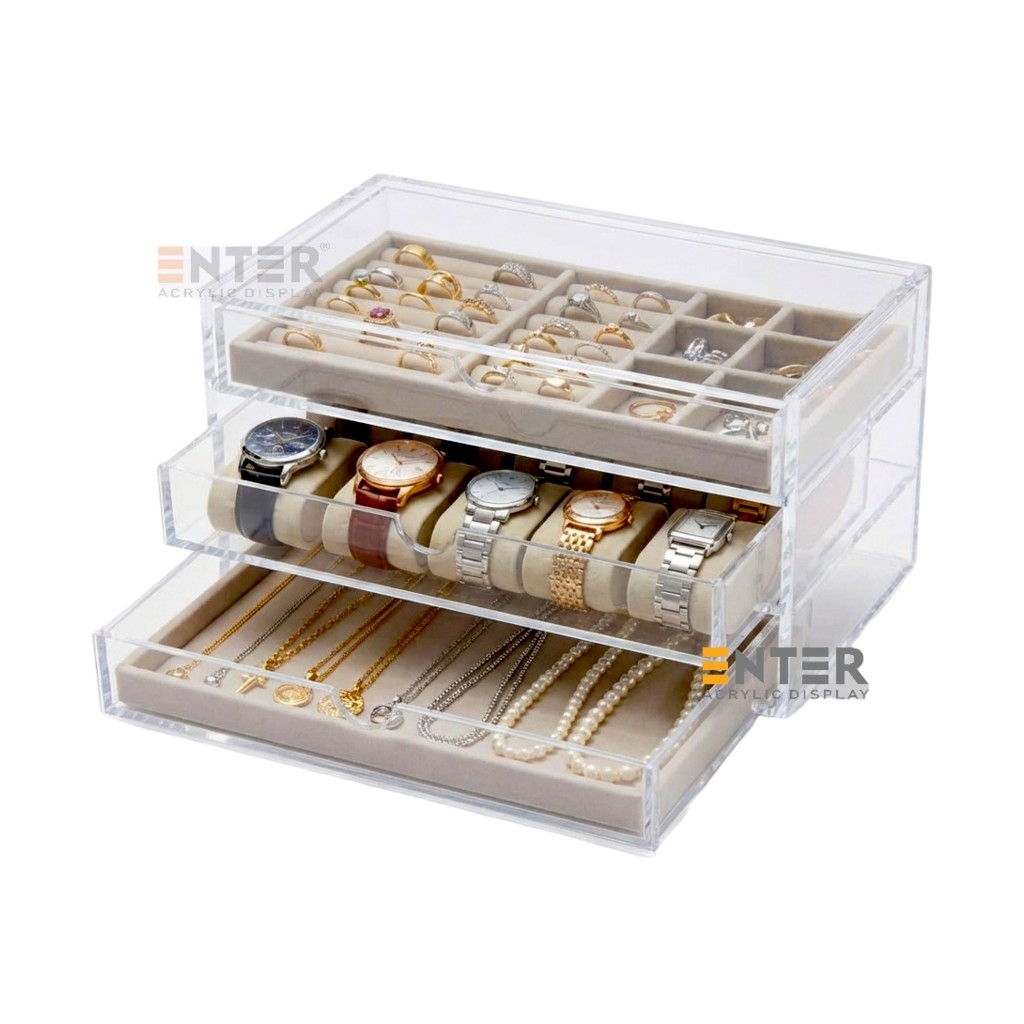 Kệ trưng bày mica Enter TB704 175x130x100mm 3 ngăn cửa kéo, hộc kéo, hộp trang sức