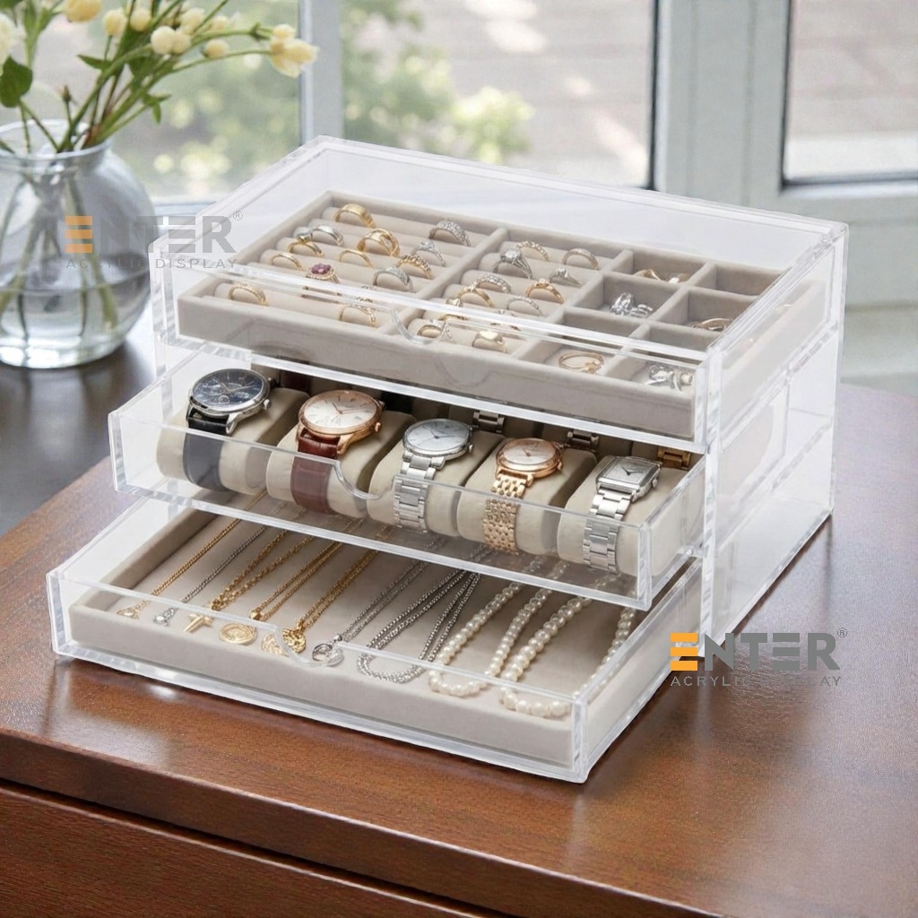 Kệ trưng bày mica Enter TB704 175x130x100mm 3 ngăn cửa kéo, hộc kéo, hộp trang sức