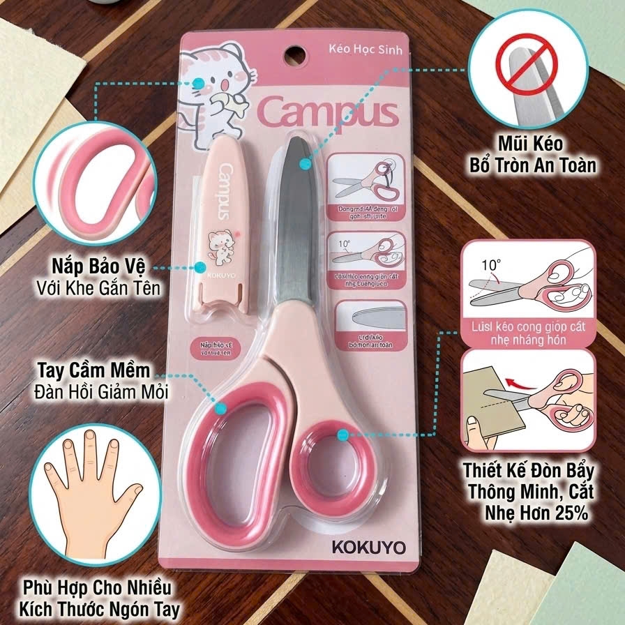 Kéo có nắp Campus SC-54AC-B xanh (12), kéo học sinh, kéo thủ công, văn phòng phẩm