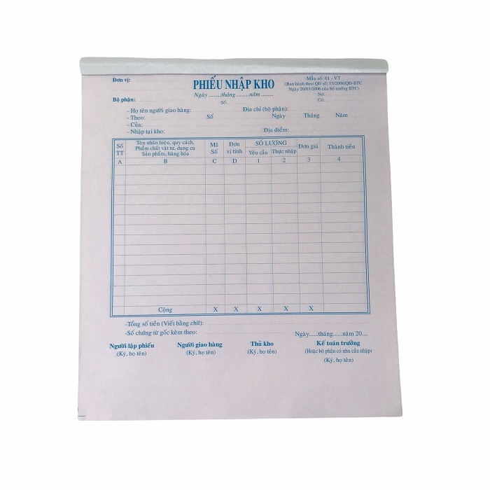 Phiếu nhập kho NY 20x25cm 2 liên 50 bộ A4 (10/50)