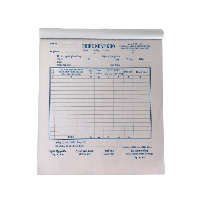Phiếu nhập kho NY 20x25cm 3 liên 50 bộ không đế A4 (5/40)