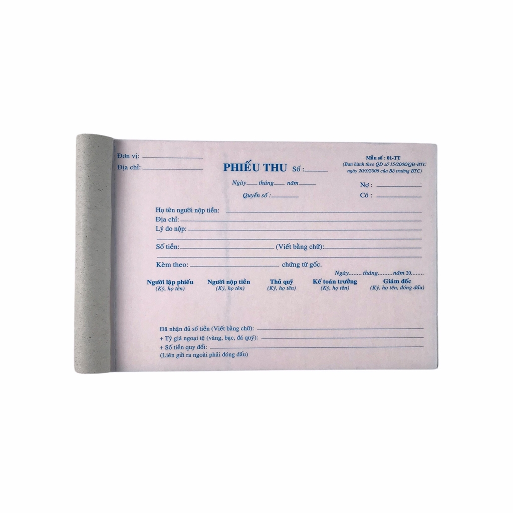 Phiếu thu NY 13x20cm 2 liên 50 bộ (10/100)