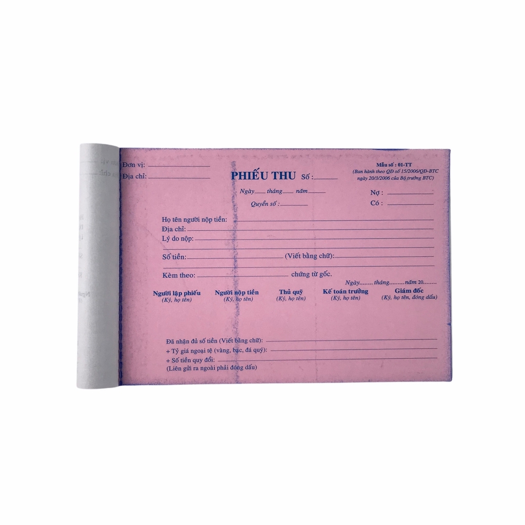 Phiếu thu NY 13x20cm 2 liên 50 bộ (10/100)