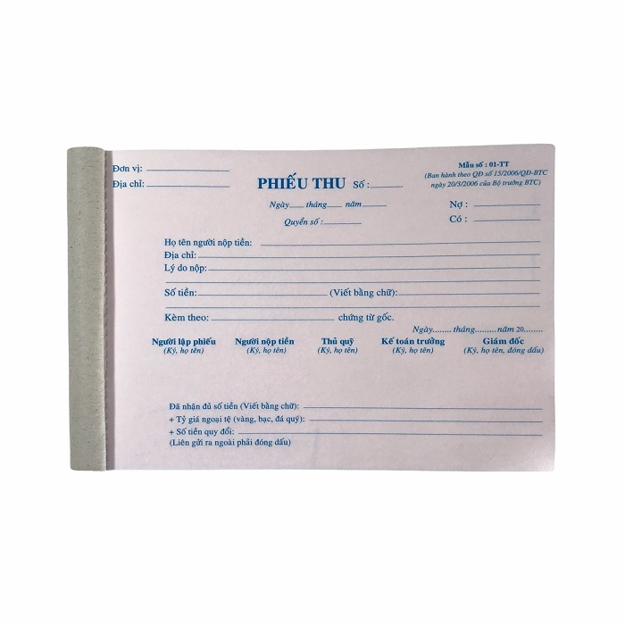 Phiếu thu NY 13x20cm 2 liên 50 bộ (10/100)