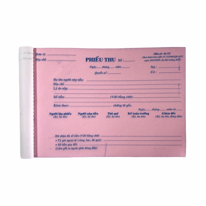 Phiếu thu NY 13x20cm 2 liên 50 bộ (10/100)