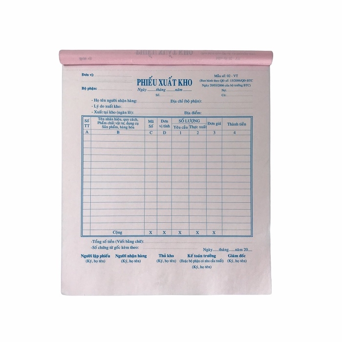 Phiếu xuất kho NY 20x25cm 2 liên 50 bộ A4 (5,10/50)