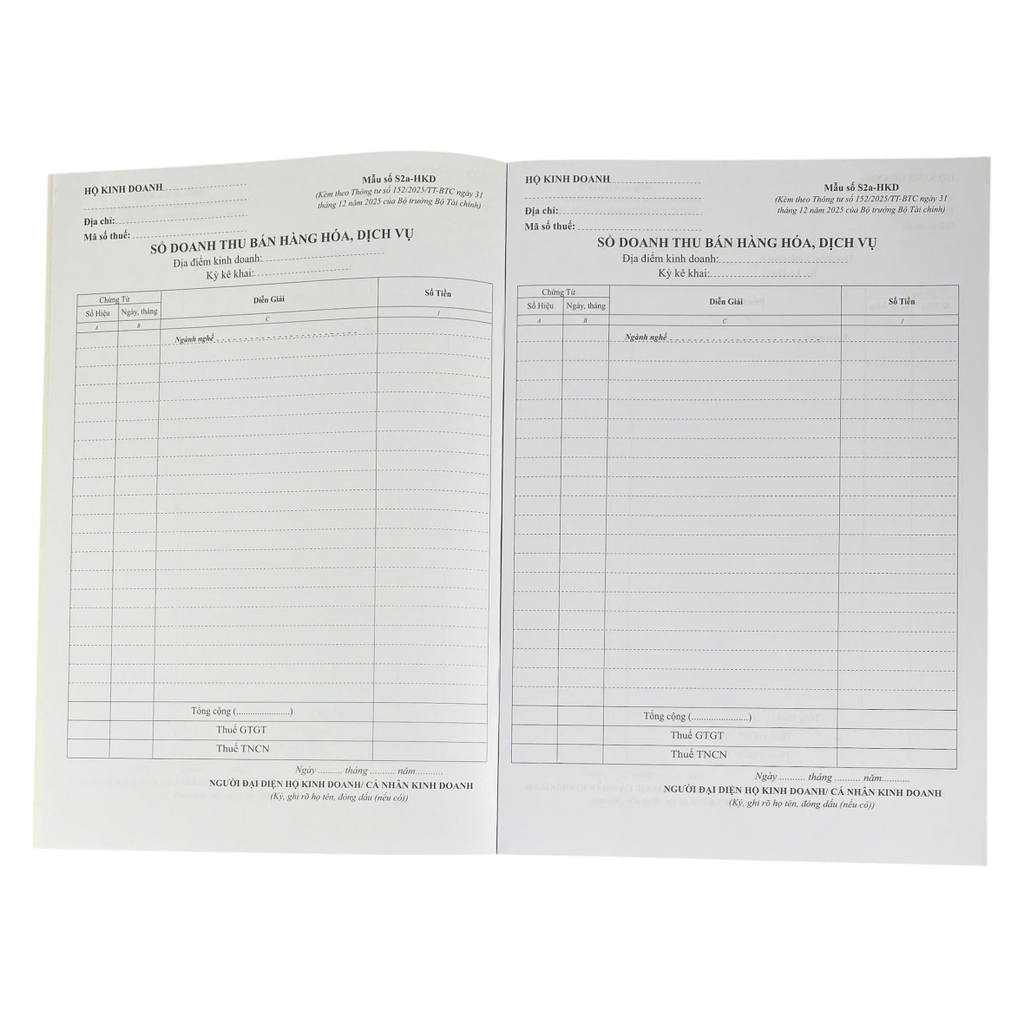Sổ doanh thu bán hàng hoá, dịch vụ NY S2a-HKD 20x30cm 100 tờ A4 (5/25)