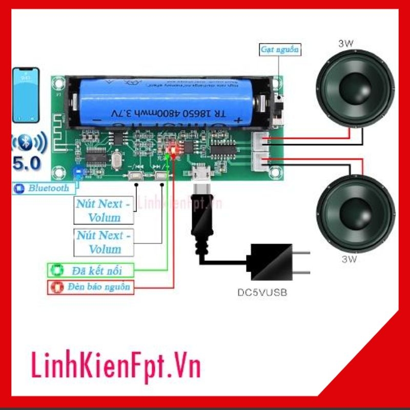 Mạch PM8403 bluetooth kèm đế pin 18650