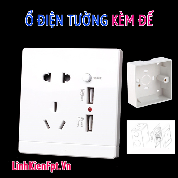 Ổ điện âm tường tích hợp sạc điện thoại USB 5V 2A Kèm Đế