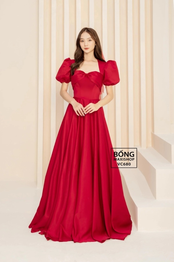 Đầm dạ hội cưới đỏ đính nơ vai sang trọng - maxi.vn