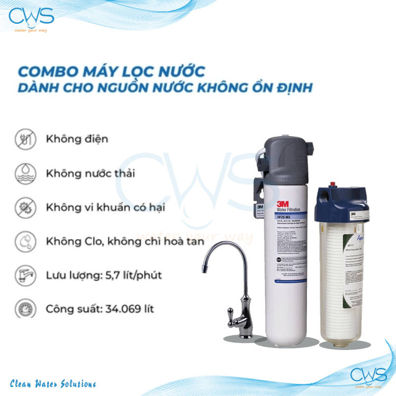 Combo máy lọc nước không dùng điện 3M BREW120-MS kèm lọc thô cao cấp