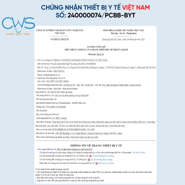 Chứng nhận y tế cho máy điện trường cao áp Fujiiryoki FX-M14000