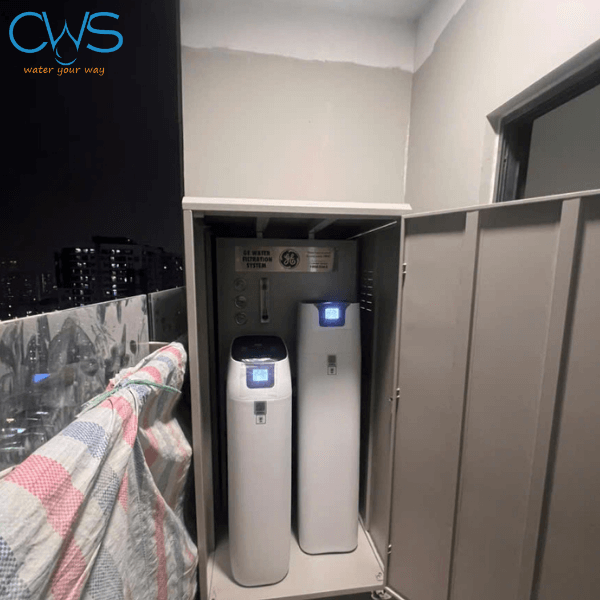 Hình ảnh lắp đặt thực tế hệ thống lọc tổng GE WH30A tại chung cư