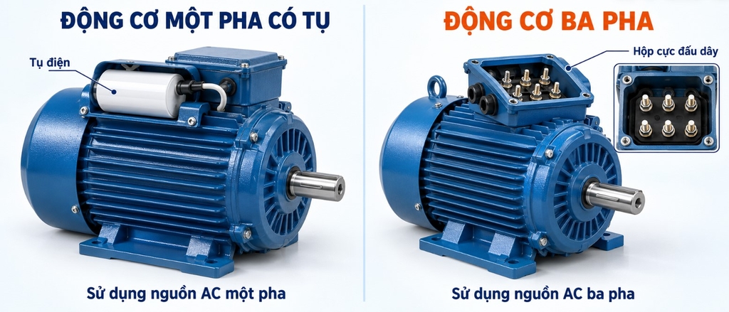 Động cơ một pha và động cơ ba pha trong máy công nghiệp