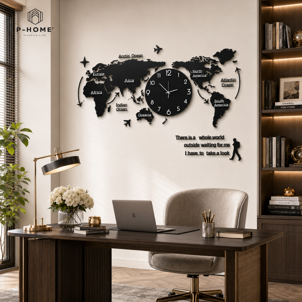 Đồng hồ treo tường bản đồ thế giới P-HOME