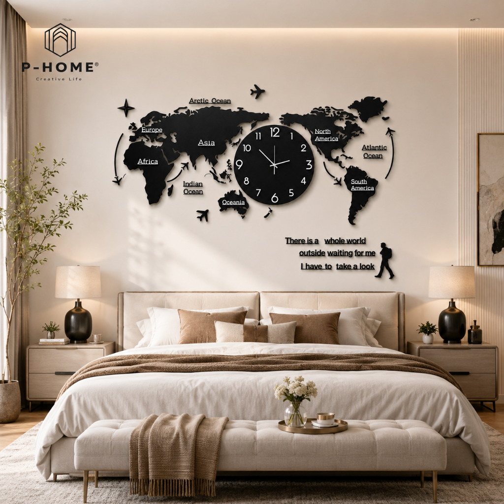 Đồng hồ treo tường bản đồ thế giới P-HOME