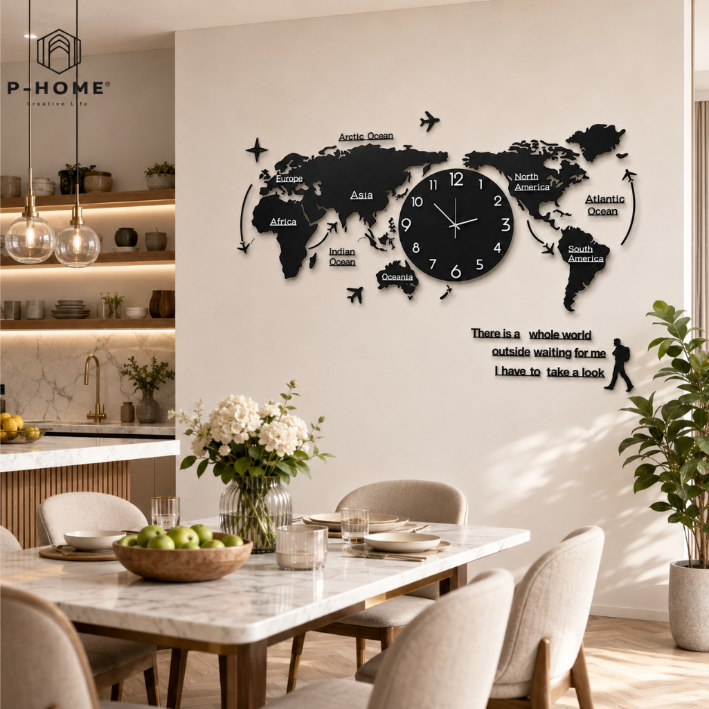 Đồng hồ treo tường bản đồ thế giới P-HOME