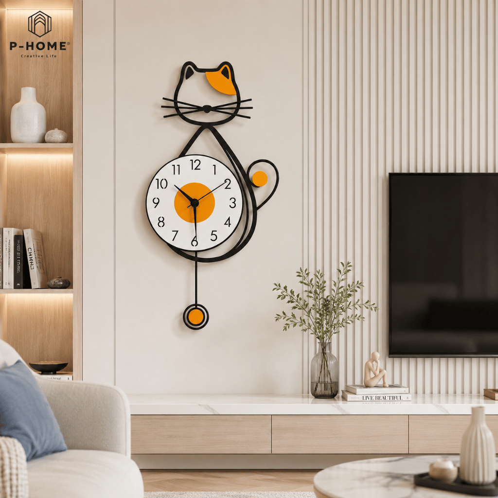 Đồng hồ treo tường quả lắc mèo may mắn CL058