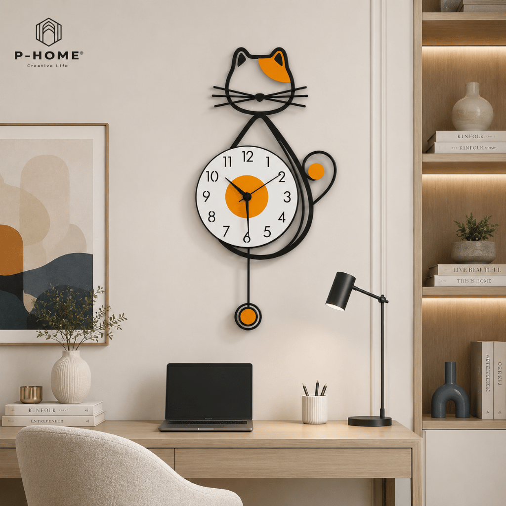 Đồng hồ treo tường quả lắc mèo may mắn CL058