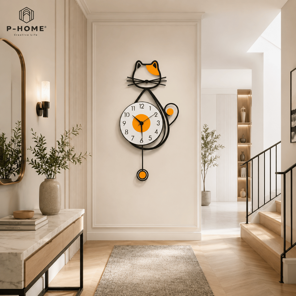 Đồng hồ treo tường quả lắc mèo may mắn CL058