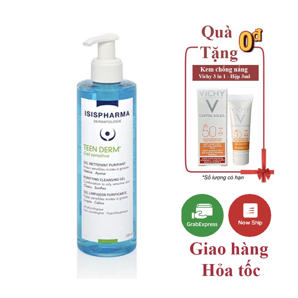 Gel rửa mặt giảm nhờn ngừa mụn cho da nhạy cảm ISIS Pharma Teen Derm Gel Sensitive 250ml