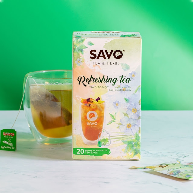 Trà SAVO Refreshing Tea - Trà Túi Lọc Thảo Mộc (Hương vị Trà Xanh, Sả, Bạc Hà và Hoa Lưu Ly)