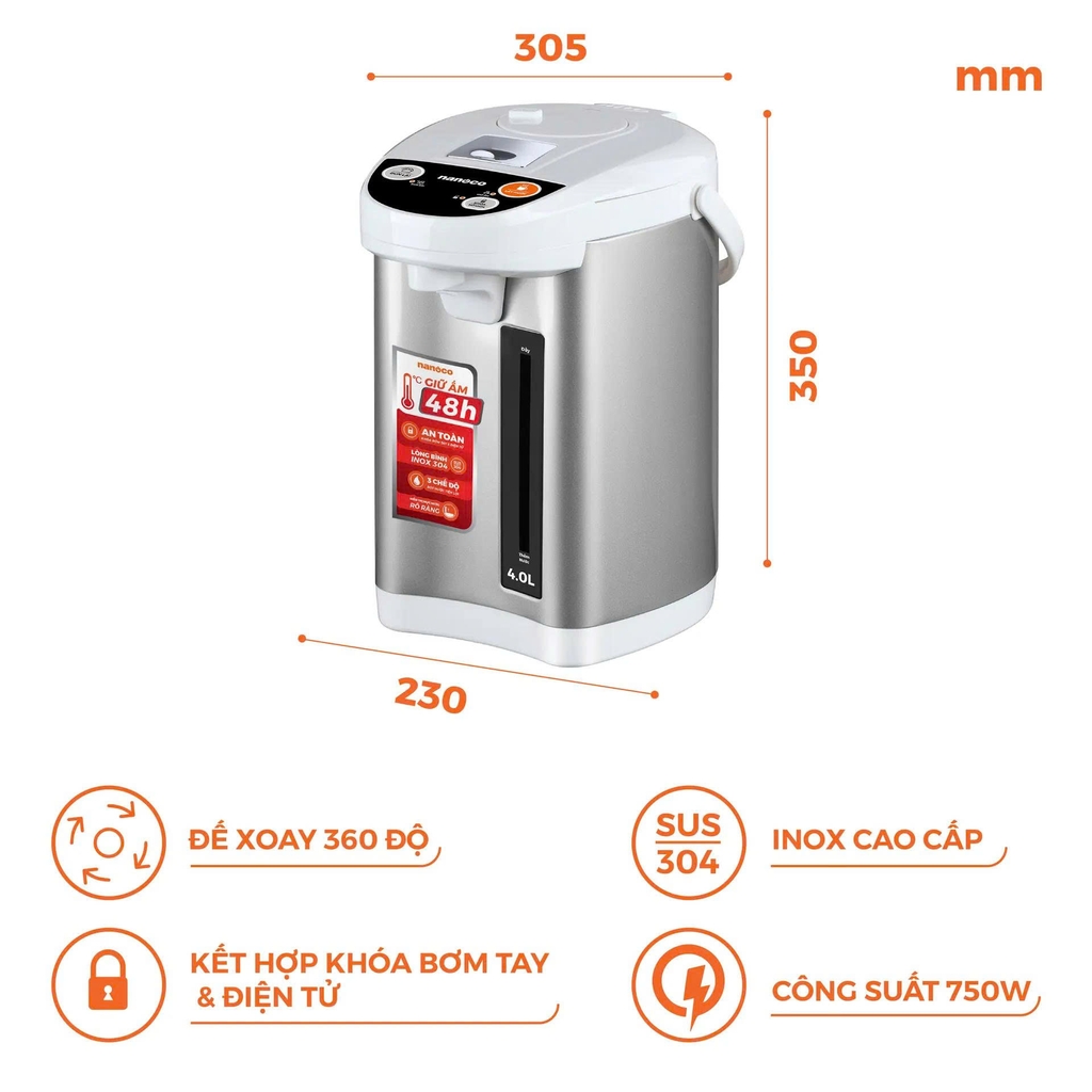 Bình thủy điện, 4.0L, NETF400 (màu Bạc)