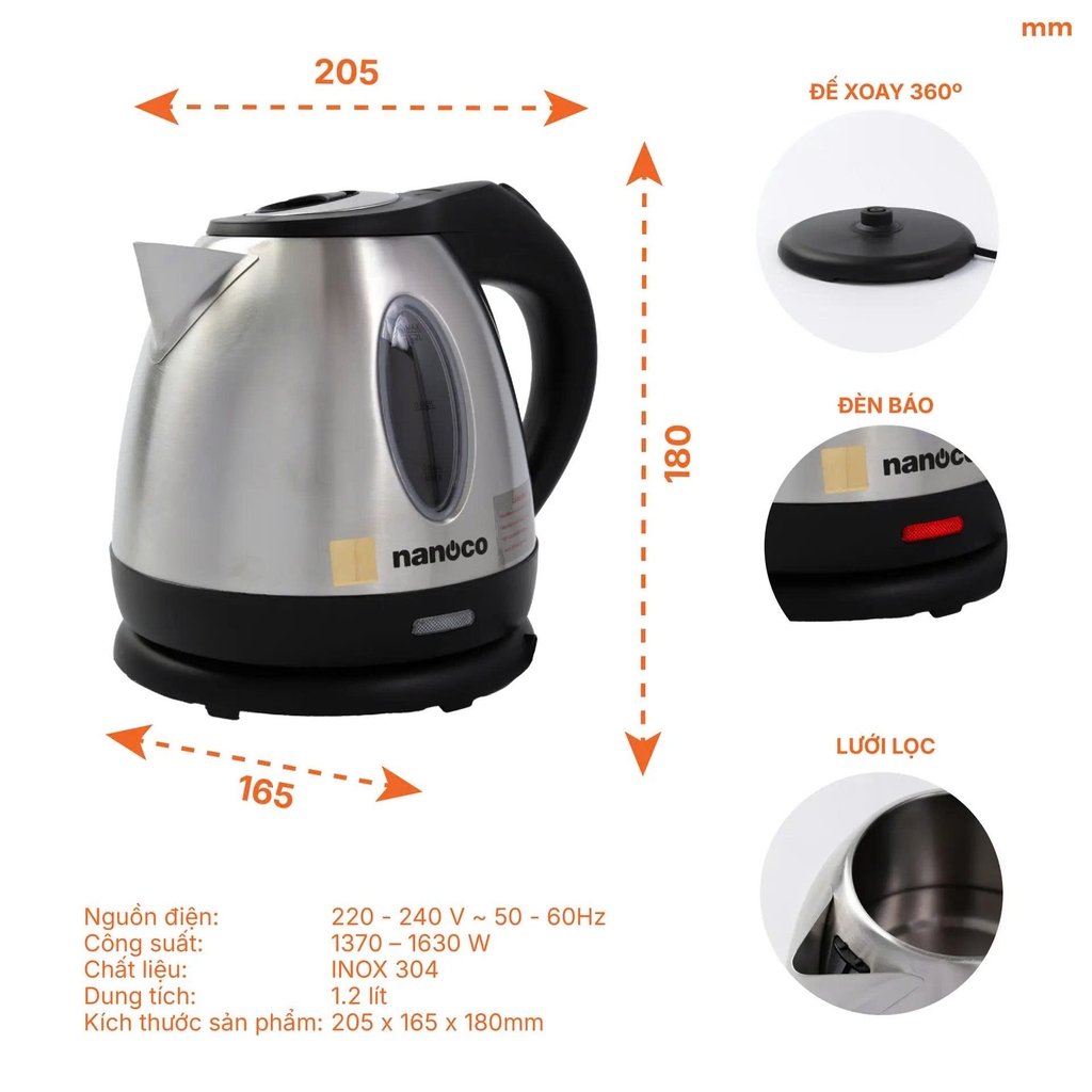Bình đun siêu tốc 1216, inox 304,1.2L NKT1216