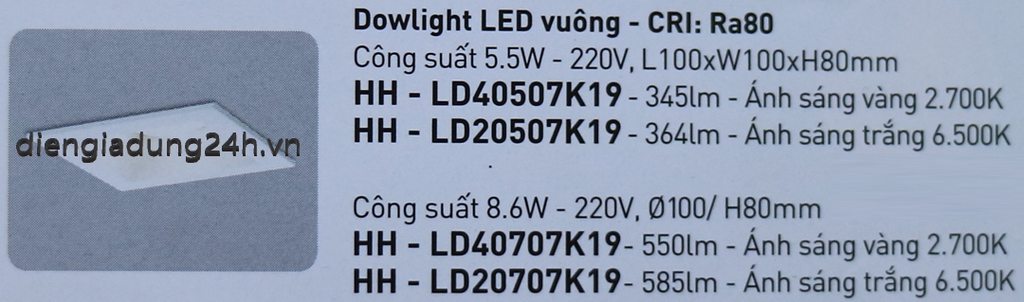 ĐÈN LED DOWNLIGHT NANOCO ONE-CORE VUÔNG HH-LD40707K19/HH-LD20707K19