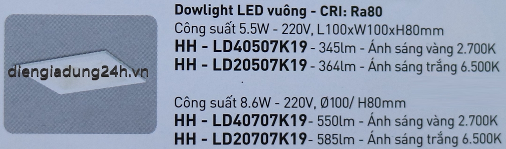 ĐÈN LED DOWNLIGHT NANOCO ONE-CORE VUÔNG HH-LD40507K19/HH-LD20507K19