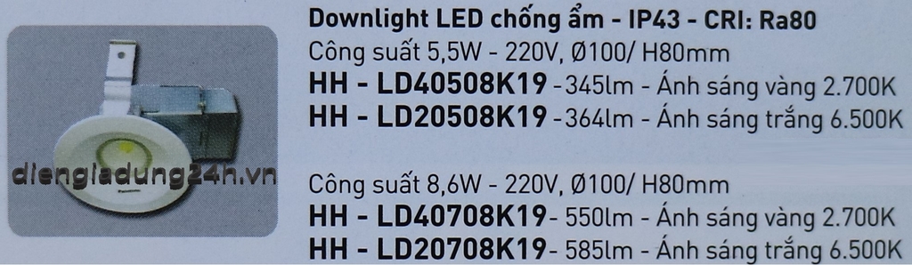 ĐÈN LED DOWNLIGHT NANOCO ONE-CORE CHỐNG ẨM HH-LD40708K19/HH-LD20708K19