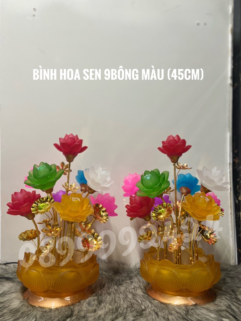 BÌNH HOA SEN 9 NGỌN BÔNG MÀU PL 45CM