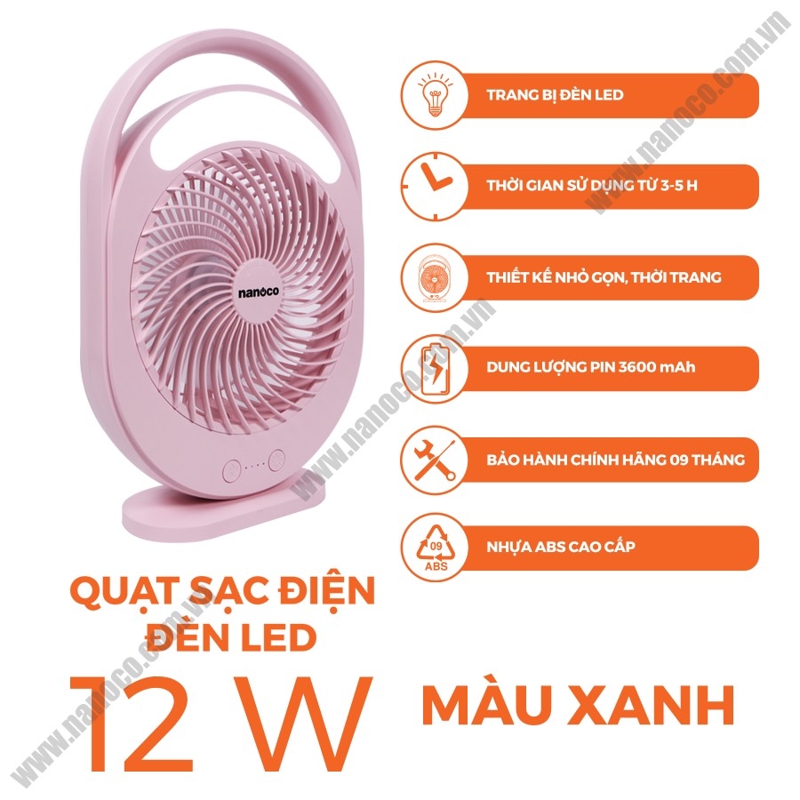 QUẠT SẠC ĐIỆN NANOCO CHÍNH HÃNG, QUẠT SẠC ĐỂ BÀN CÓ ĐÈN NRF6310 TRẮNG-HỒNG-XANH