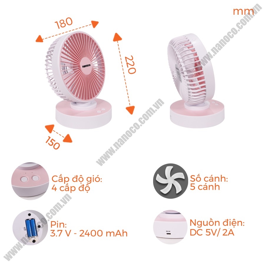 QUẠT SẠC ĐỂ BÀN NANOCO NRF6215 CHÍNH HÃNG 4 CẤP ĐỘ GIÓ, CÓ KÈM PIN