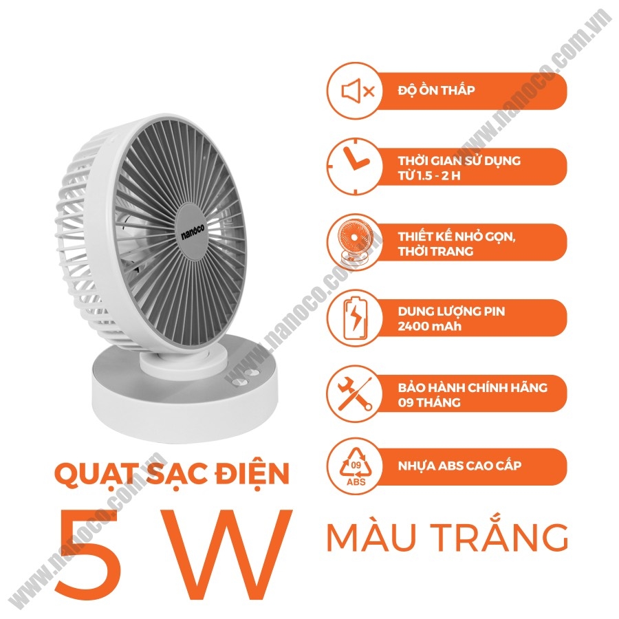 QUẠT SẠC ĐỂ BÀN NANOCO NRF6215 CHÍNH HÃNG 4 CẤP ĐỘ GIÓ, CÓ KÈM PIN