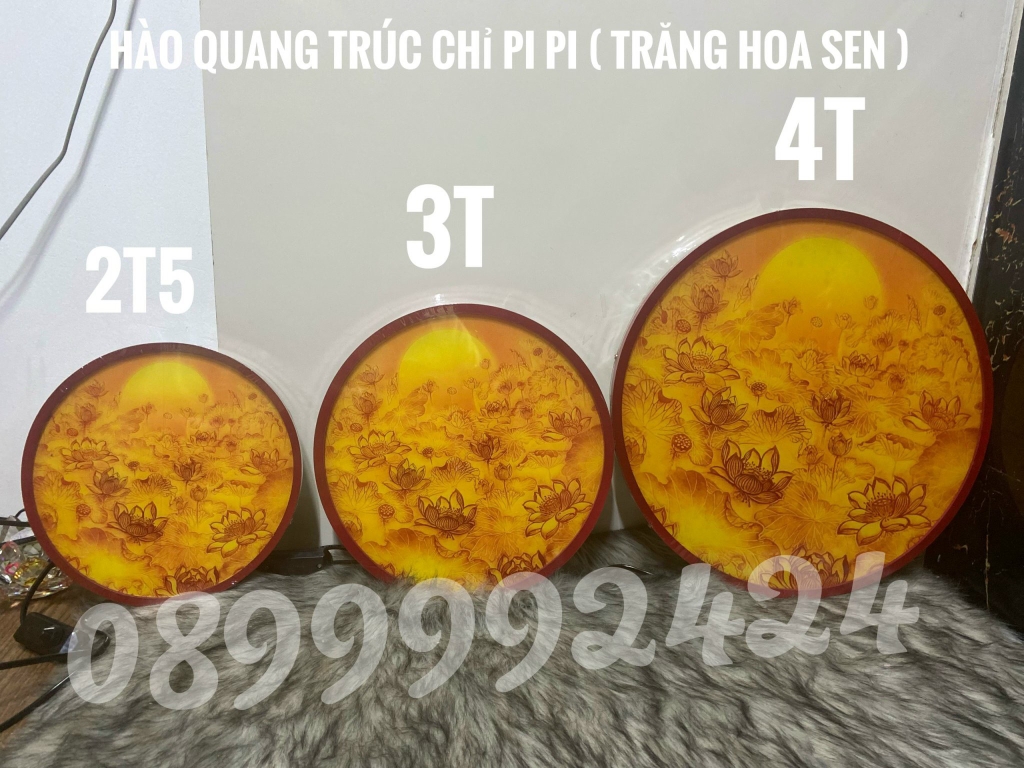 HÀO QUANG TRÚC CHỈ PIPI, TRANH TRÚC CHỈ NỀN VÀNG TRĂNG HOA SEN CÓ DIMMER ĐIỀU CHỈNH ÁNH SÁNG 25cm-30cm-40cm