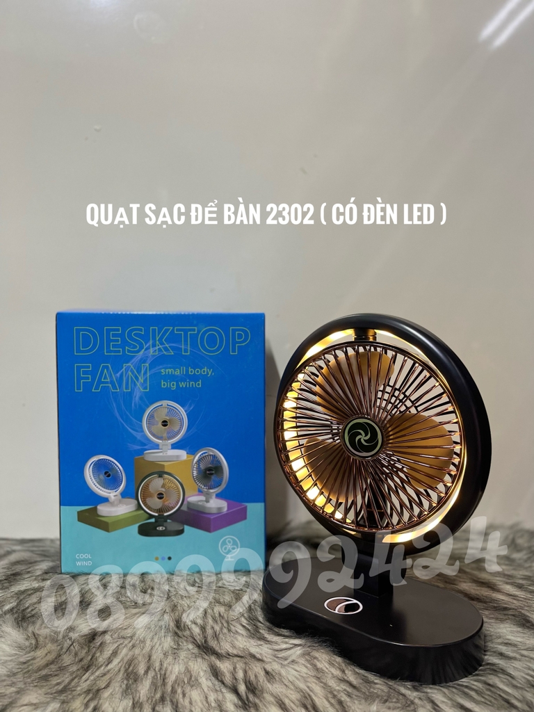 QUẠT SẠC TÍCH ĐIỆN NĐ 2302-2303 ĐỂ BÀN, QUẠT SẠC CÓ ĐÈN LED 3 CHẾ ĐỘ, MÀU NGẪU NHIÊN