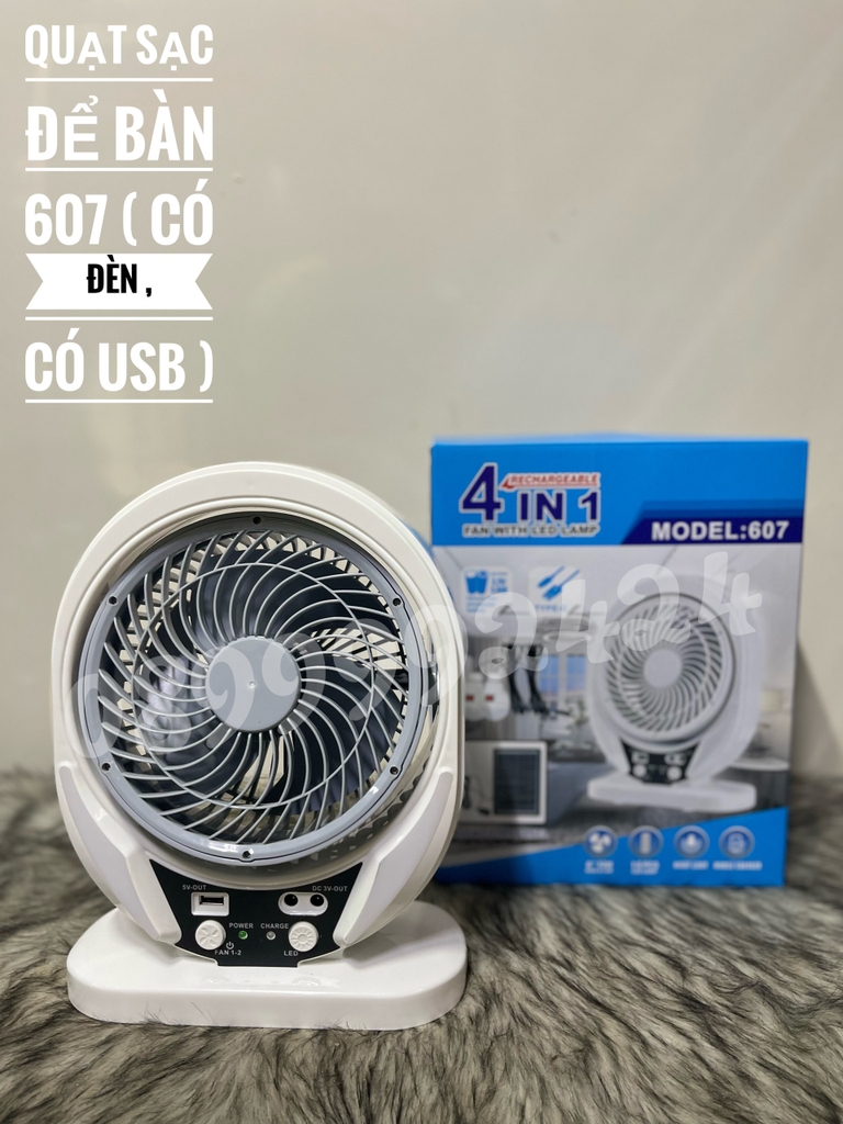 QUẠT SẠC 4 IN 1 607 CÓ ĐÈN LED, ĐIỀU CHỈNH ĐƯỢC HƯỚNG QUẠT, QUẠT SẠC 607