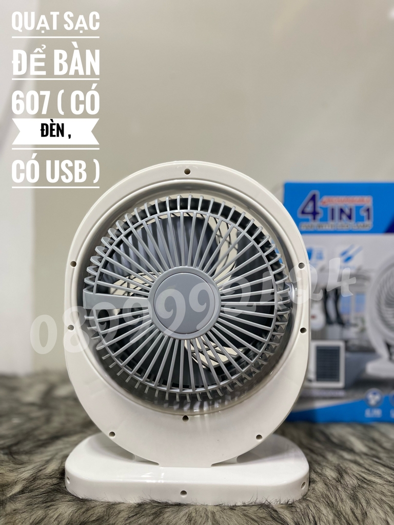 QUẠT SẠC 4 IN 1 607 CÓ ĐÈN LED, ĐIỀU CHỈNH ĐƯỢC HƯỚNG QUẠT, QUẠT SẠC 607